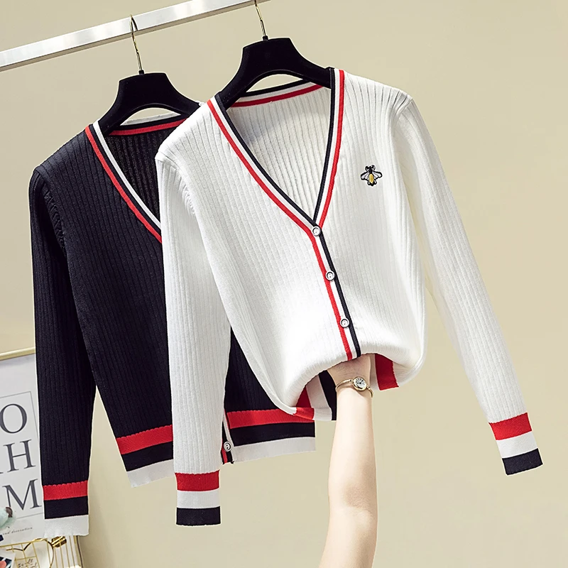

Embroidery Sweater Cardigan Women Spring Autumn Korean Striped Long Sleeve V-Neck Knitted Coat Woman Sweaters Sueters De Mujer
