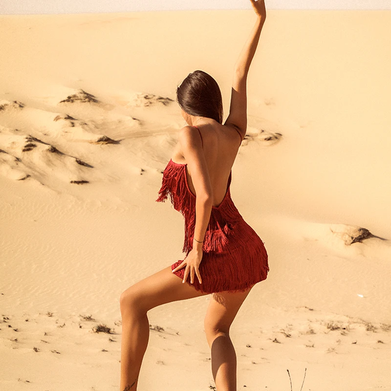 Платье для латинских танцев женское платье с бахромой красное на бретельках