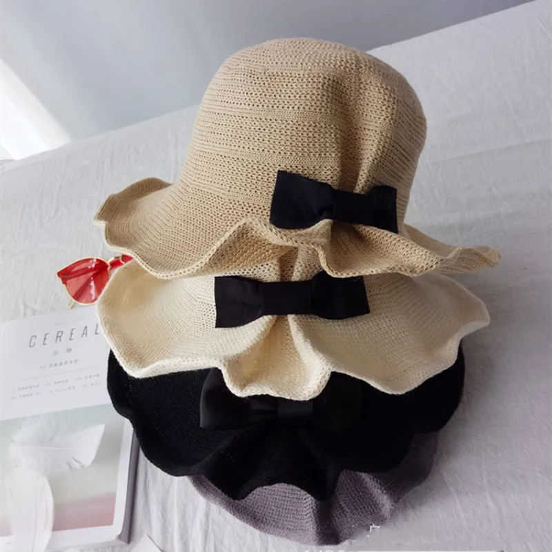 

New bow-knot cotton and linen sun hat in summer New Fisherman hat in Korean edition Foldable hat girl with elegant quality