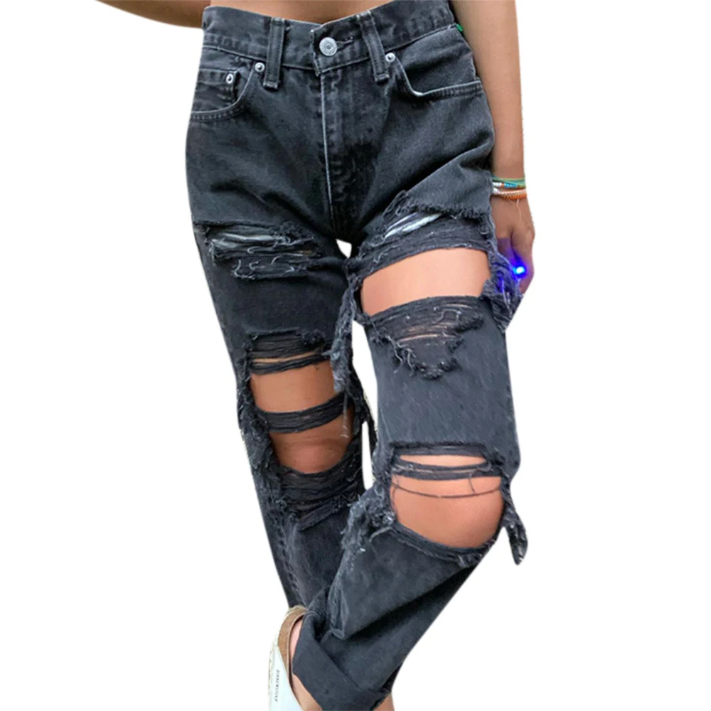 

VICABO Women Hole Jeans High Waist Stretch Ripped Distressed Denim Pants Fashion Straight Boyfriend Trousers Streetwear 2020