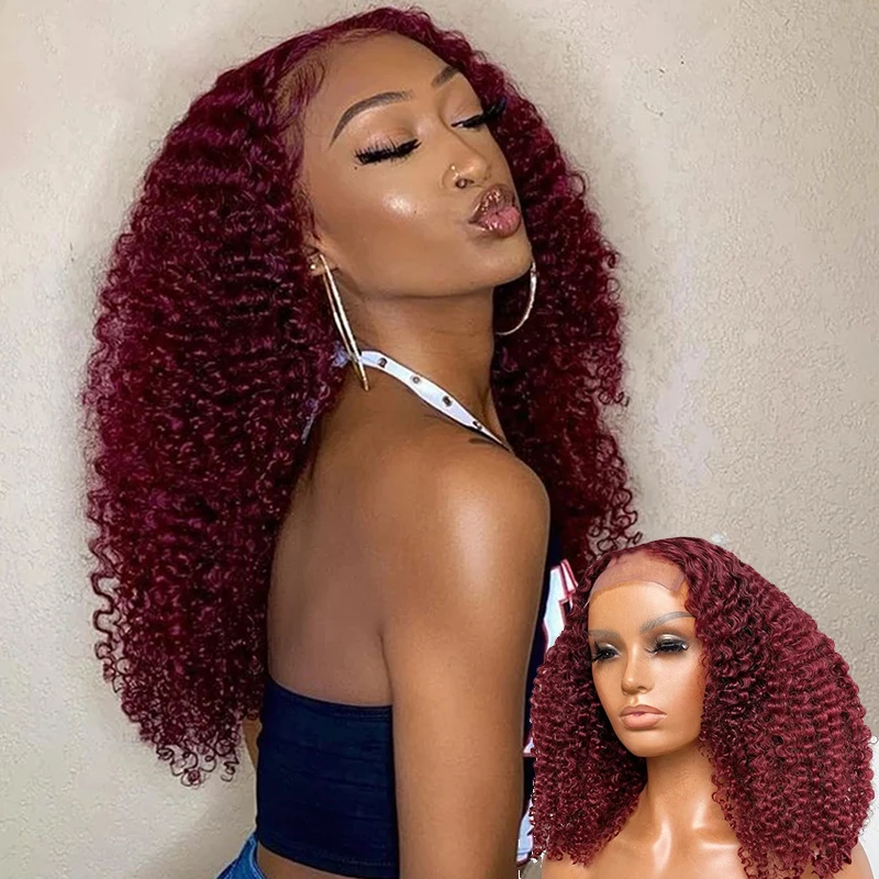 

99J бордовый Цветной HD прозрачный 13x6 Кружева передние парики из натуральных волос кудрявый Вьющиеся парики шнурка Полный предва 250%