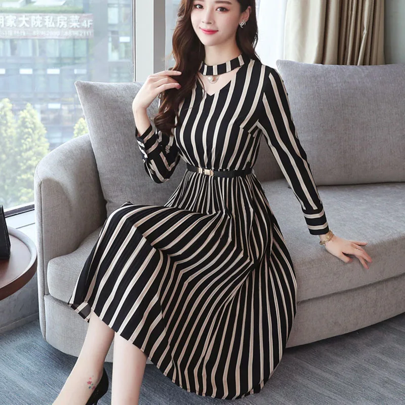Новинка 2019 весенне-осеннее корейское винтажное платье в полоску v-образный вырез