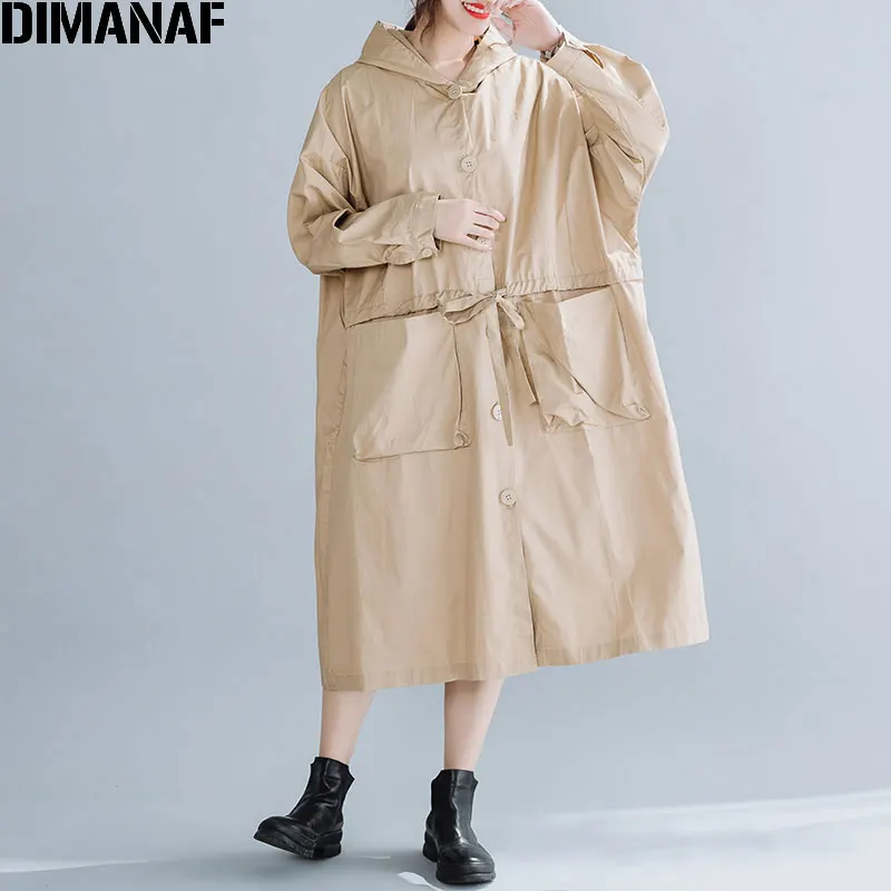 

Женская куртка с капюшоном DIMANAF, однотонное хлопковое пальто на пуговицах с карманами, свободная верхняя одежда большого размера для весны ...