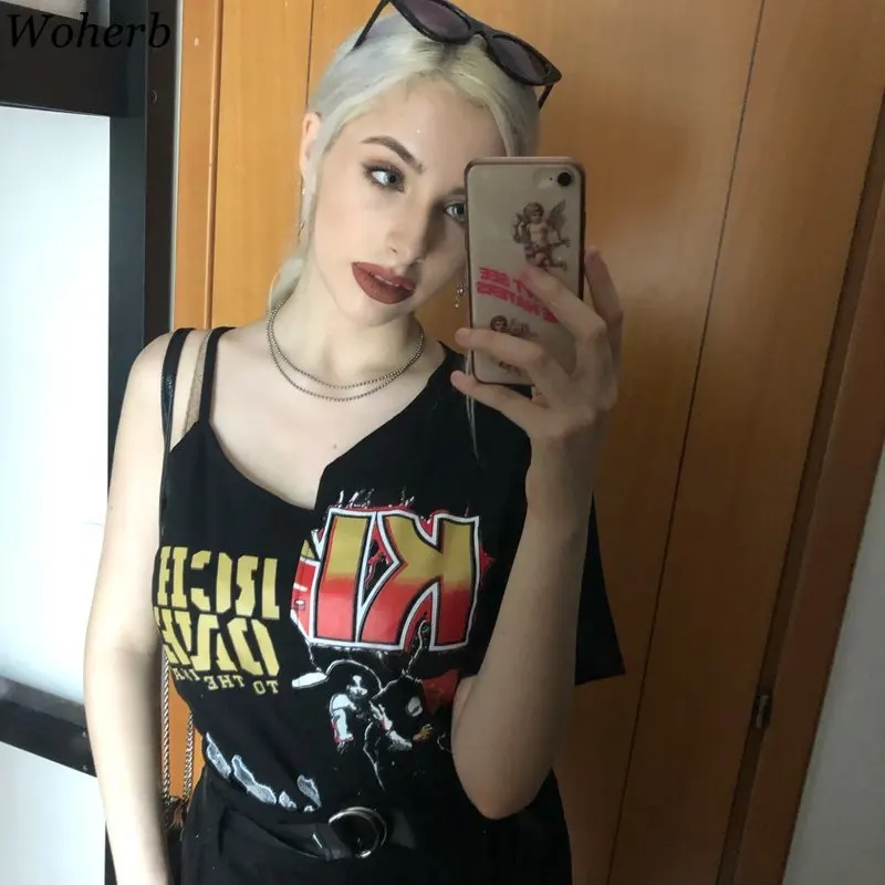 Woherb Harajuku футболка уличная с открытыми плечами панк готический хлопок футболка с буквенным принтом женские топы Эстетическая черная футболка одежда