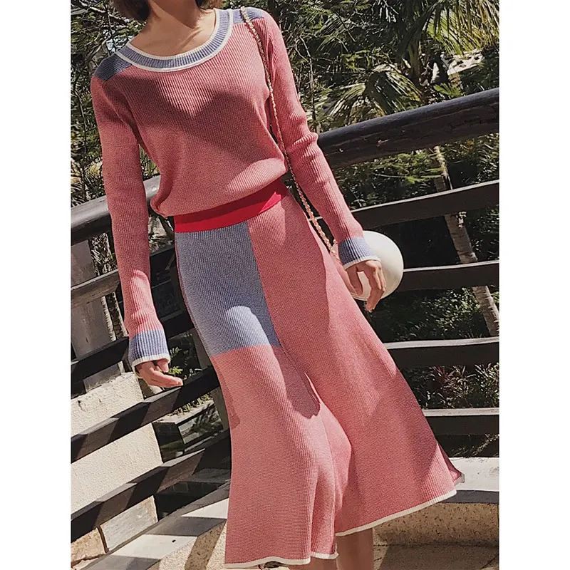 Вязаный комплект из двух предметов 2019 Осенний укороченный пуловер с круглым