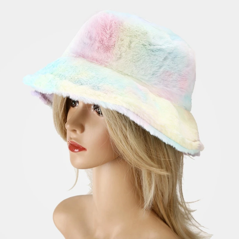 

Plus Velvet Tie Dye Double-sided Wearing Cap Visor Rainbow Color Bucket Hat Summer Bucket Cap Hip Hop Hat Fisherman Hat Shagy