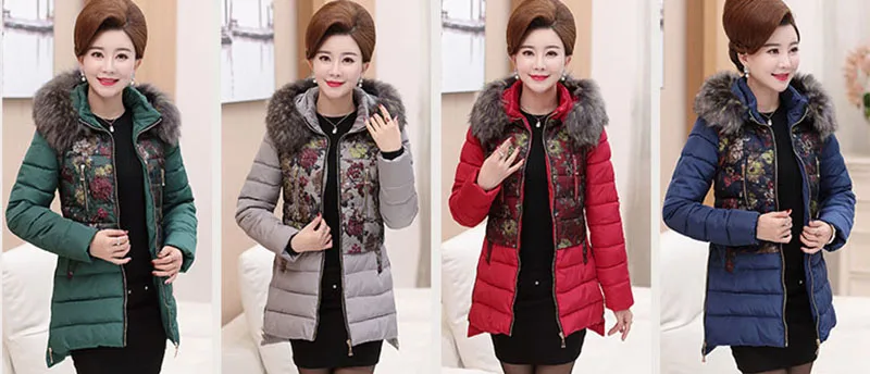 Abrigos mujer invierno, модный принт, зимний женский пуховик, хлопок, средней длины, куртка, парка с капюшоном, меховой воротник, утолщенное пальто