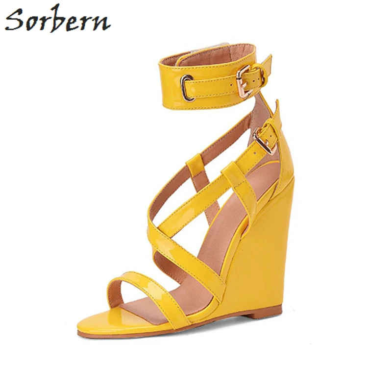 

Sorbern Yellow Wedges Shoes For Women Sandals Usmmer Shoes High Heel Ankle Strap Wedge Heels Open Toe Stripper Shoes Custom