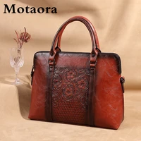 motaora womens leather handbag large capacity vintage shoulder bags female retro embossed women briefcase for 14 inch laptop