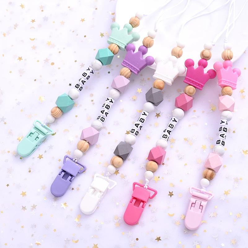 Cadena de dentici&oacute;n para beb&eacute;, mordedor hecho a mano, cadena de Portachupetes de silicona con Clip, 5 colores, novedad-0