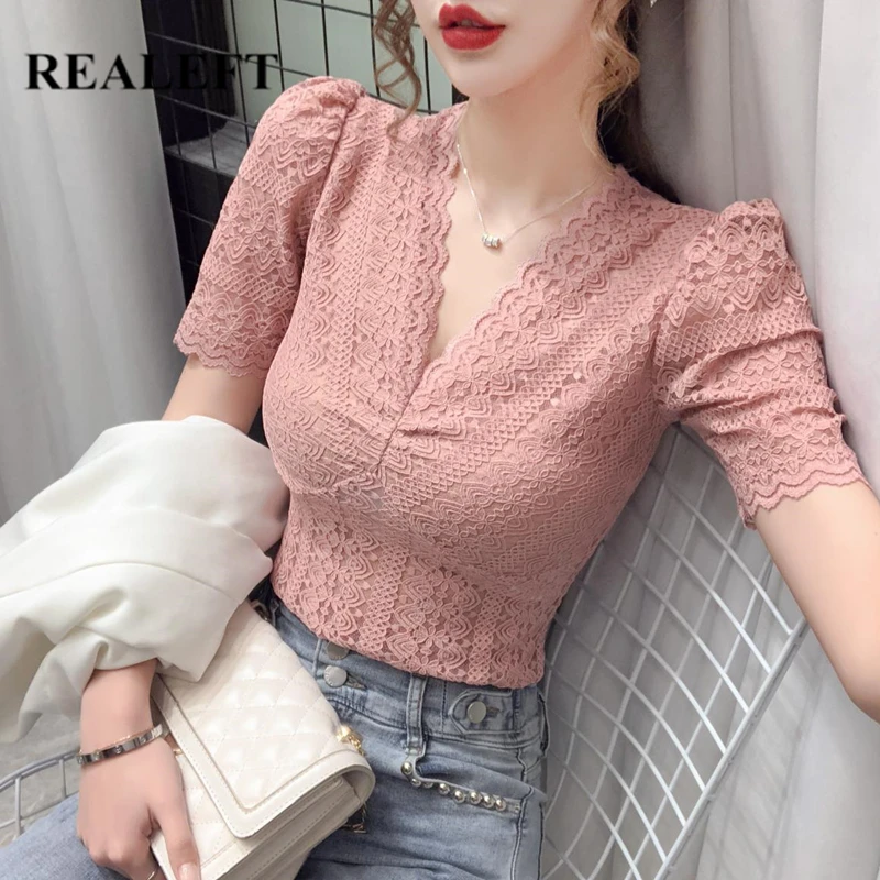 

REALEFT Summer 2021 New Lace Crochet Women's T-Shirts Bottoming Puff Sleeve V-Neck Elegant Short Sleeve Female Shirts Tops