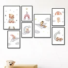 Настенная картина с медведем, Кроликом, лисой, радугой, самолетом, луной, звездами, постеры на холсте в скандинавском стиле и принты, настенные картины для декора детской комнаты