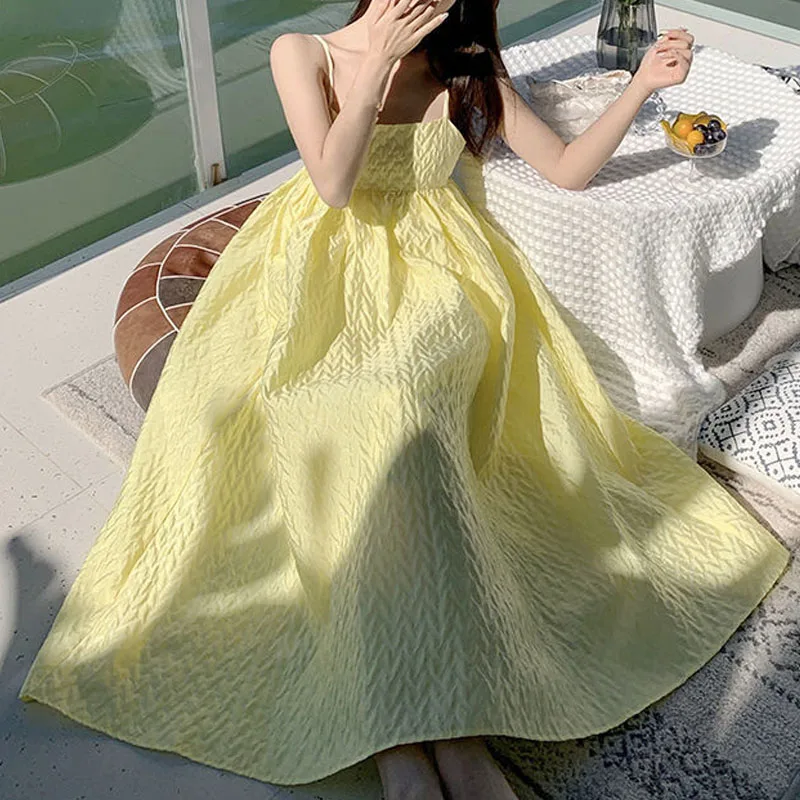 

Yellow Beach Midi Dress Women Sleeveless Elegant Strap Dress Casual Females Office Lady One Piece Dress Korean 2021 Summer Chic
