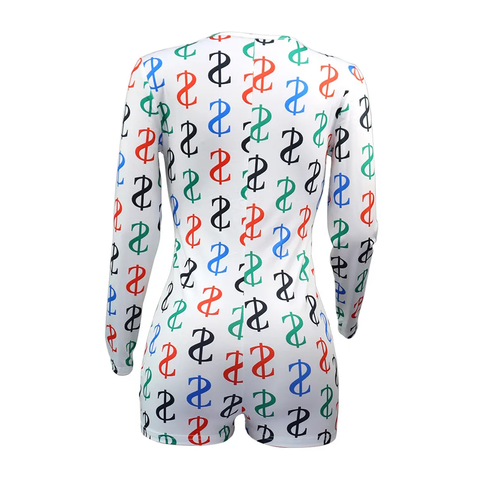 

Women Sexy Home Wear Jumpsuit Long Sleeve Sexy V-neck Dollars Printed One-piece Elastic Skinny Playsuits Pajamas Nightwear