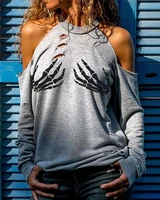 women fashion long sleeve casual tops female autumn fashion halloween cold shoulder skeleton print cutout top
