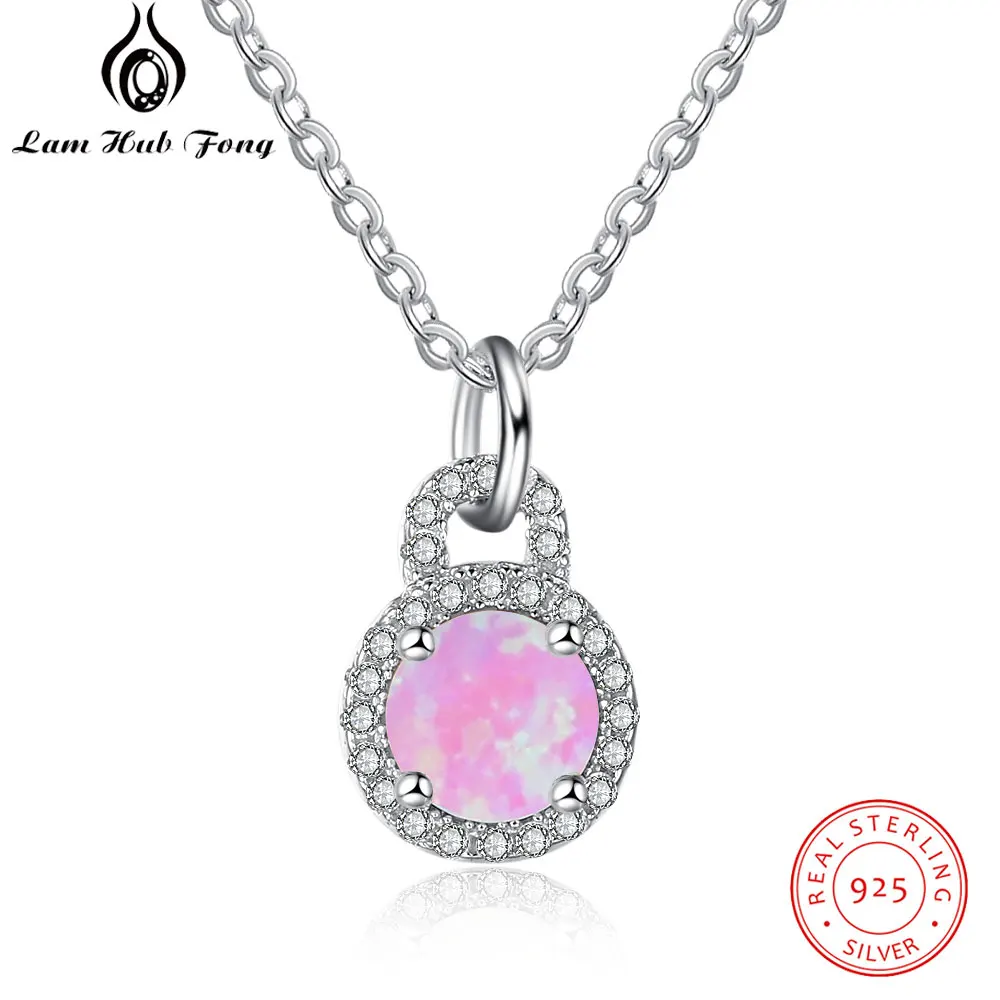 

Romantic 925 Sterling Silver Round Necklace Pink Opal Stone Necklace for Women Clear CZ Necklace Fine Jewelry (Lam Hub Fong)
