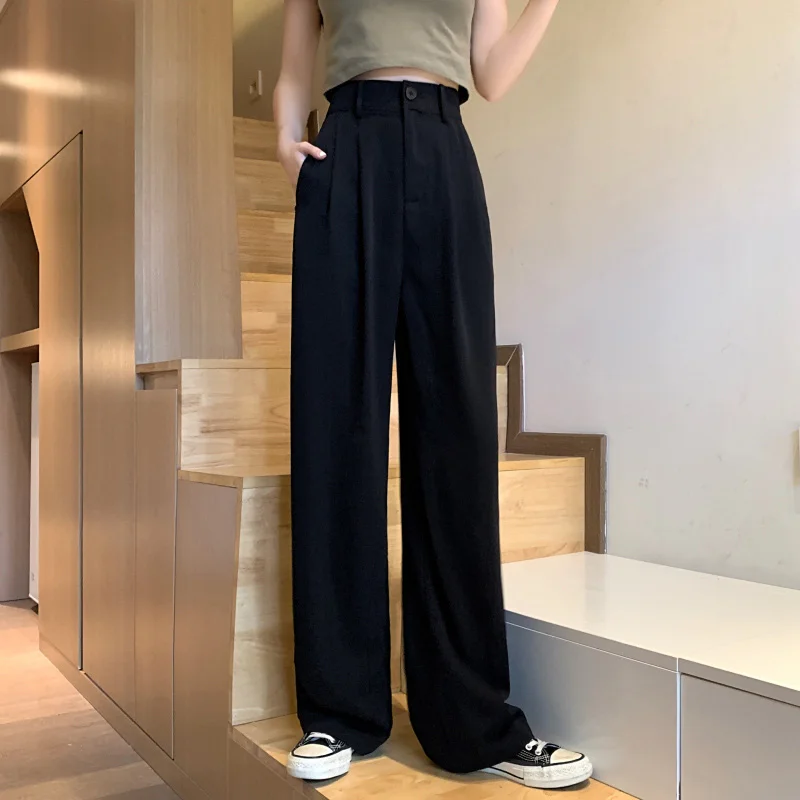 Брюки с завышенной талией черный костюм женский прямой свободный новинка 2021