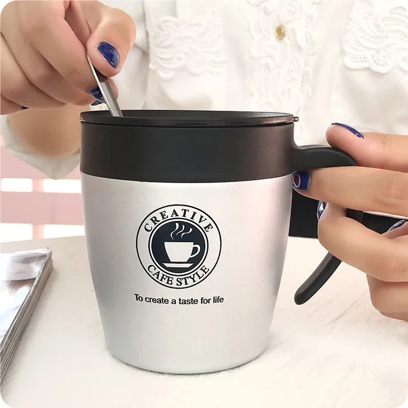 Pan da creative trend water bottle office stainless steel mug student female simple home with lid spoon coffee thermos | Дом и сад