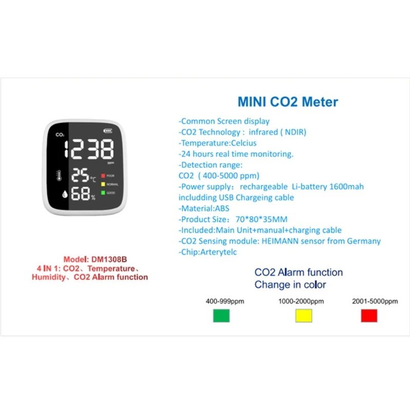 

CO2 Detector Carbon Dioxide Air Quality Tester for CO2 Real-Time Data with Alarm Set for Greenhouse, Room, Hospitals, Office