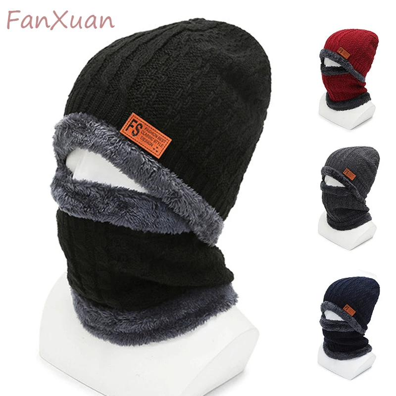 

Hat and Scarf for Men Beanie and Neckerchief Set Winter Hats for Men Cap Double Layer Plush Lining Solid Bonnet Earflap Bomber