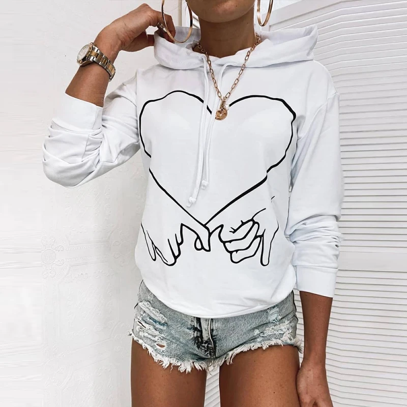 

Женская толстовка WEPBEL с капюшоном, белый свитер с длинным рукавом и принтом сердечек, повседневный Свободный пуловер