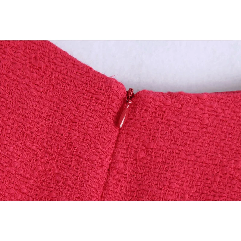 

WXWT Za 2021 Women Red Textured Playsuits Back Zipper V Neck Sleeveless Rompers Chic Office Lady Jumpsuits BB1494