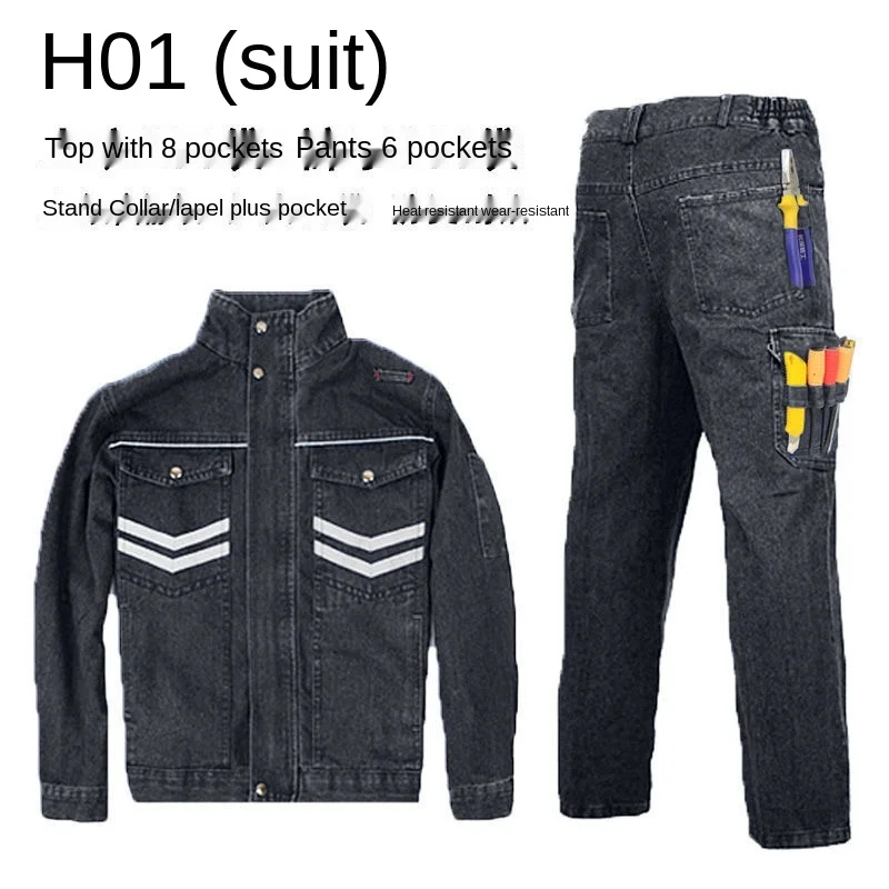 

Denim workwear suit men's winter thick anti-hot wear multi-pocket jacket pants electric welding factory clothes Work Wear XXXXXL