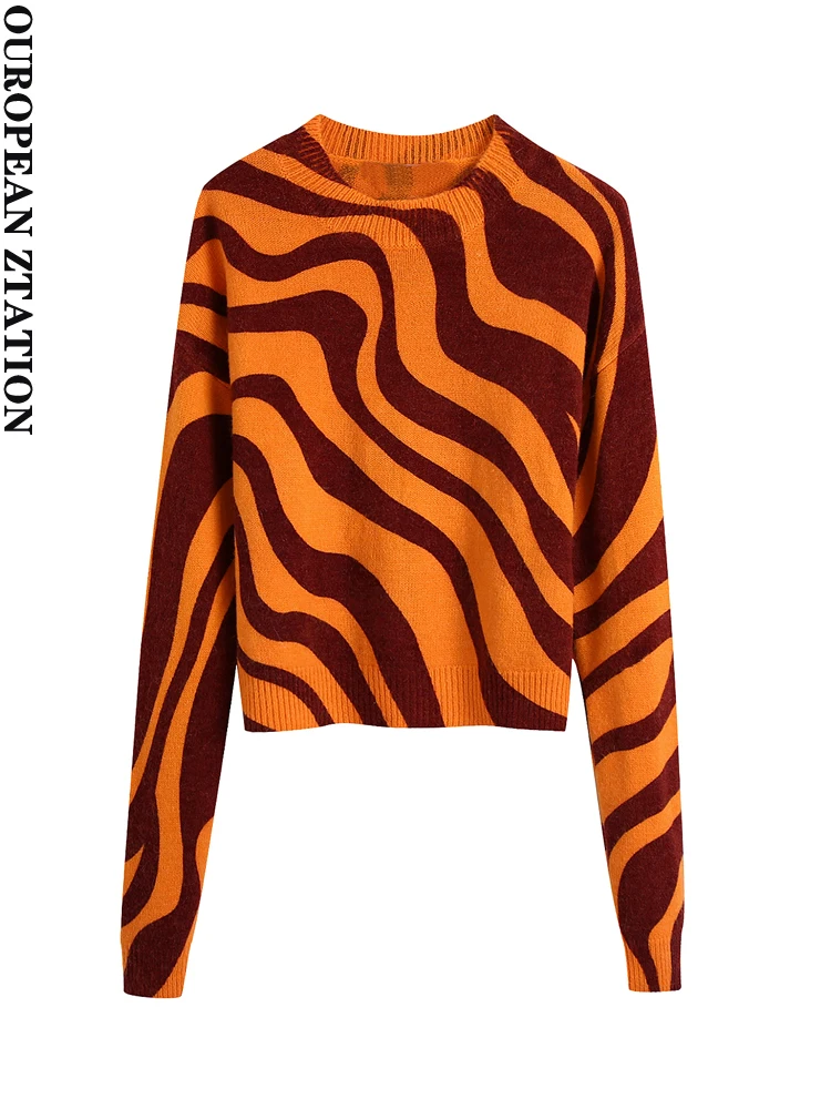 

Women 2021 za fashion jacquard cropped knit sweater vintage o neck long sleeve female pullover chic tops