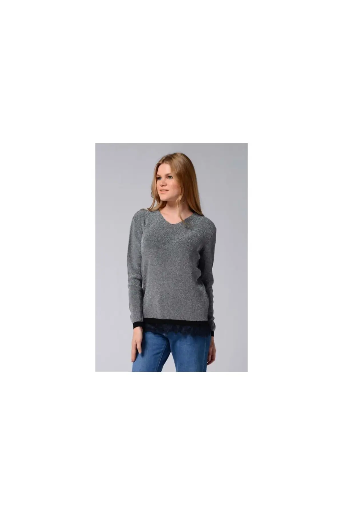 

Women Gray Sweater Slim Silvery Lace Skirt Women Muslim Sweater