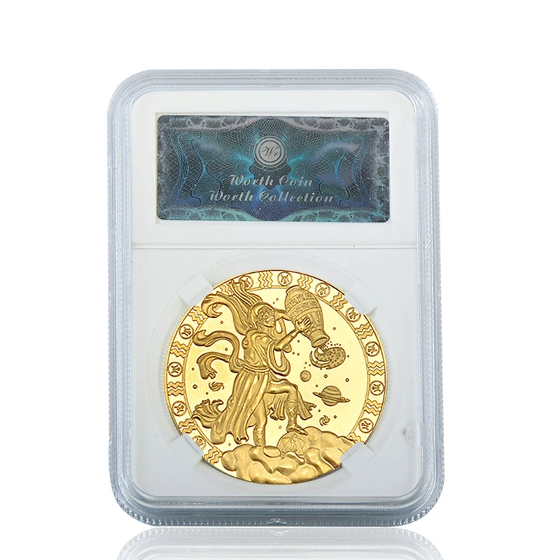 Aquarius with holder WR 12 созвездия зодиака позолоченные Коллекционные монеты набор монет держатель вызов монета креативный подарок Dropshipping2019 - Цвет: Aquarius with holder