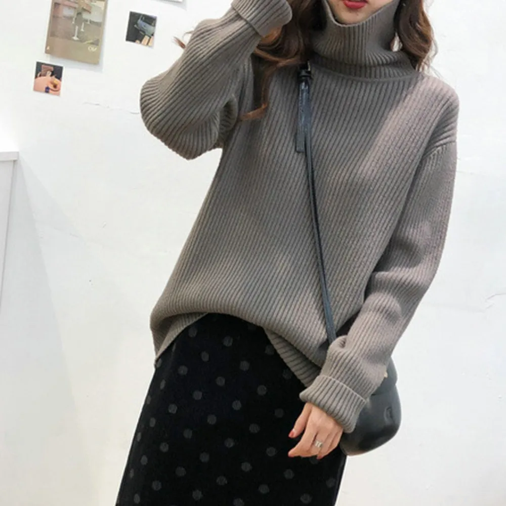

Turtleneck Sweater Women's Winter Warm Casual Loose Pullover Oversized Lady Cashmere Ribbed Knitted Jumper Top Pull Femme A50