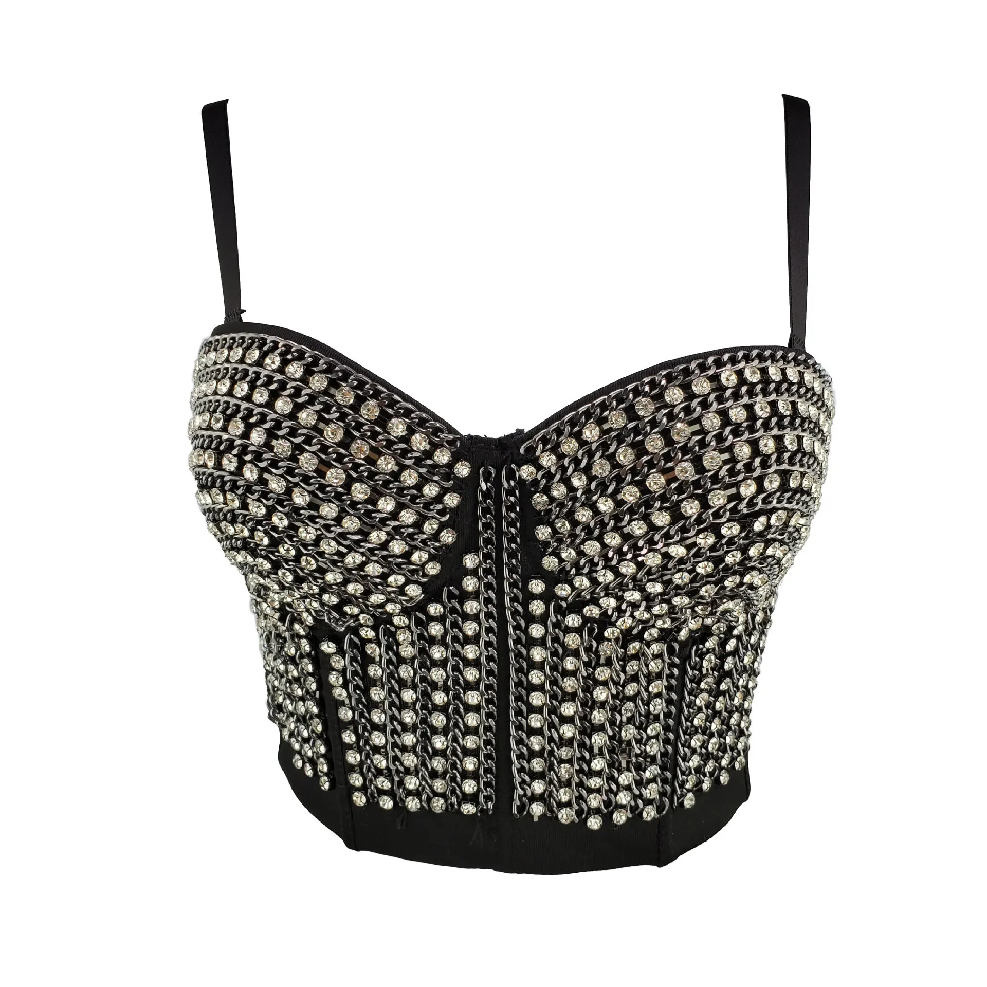 Women Sexy Designer Crystal Diamonds Chain Punk Style Cotton Camisole Tops Summer 2021 High Street Short Camis Crop Tops