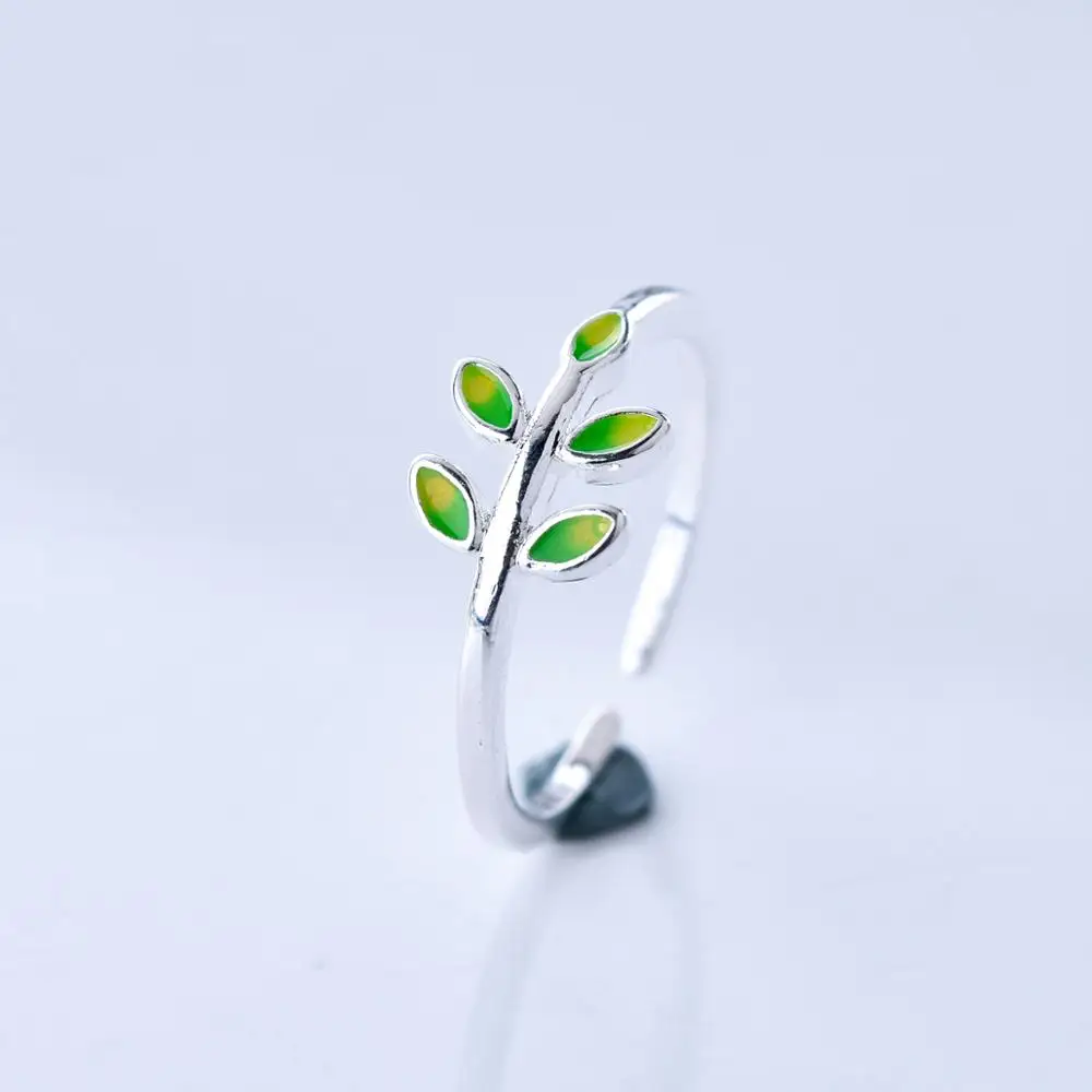 

Green Leaf Handmade Creative Silver Temperament Personality Fashion Female Trendy Resizable Opening Rings