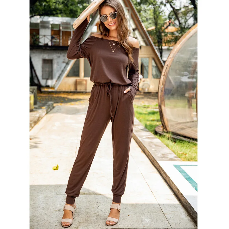 

2020 Women Elegant Off The Shoulder Jumpsuits Long Sleeve Lace Up Rompers With Pocket Female Loose Overalls Macacao Ez*