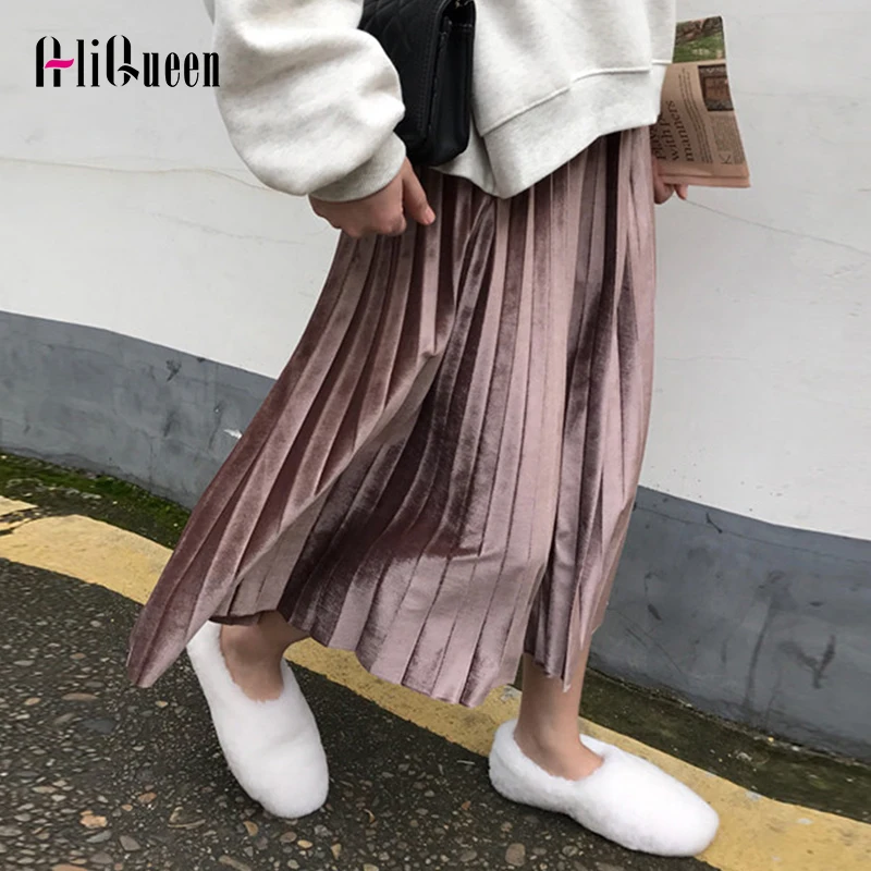 

Женская Вельветовая плиссированная юбка, длинная эластичная юбка с высокой талией, винтажная повседневная черная юбка средней длины в Корейском стиле, весна 2023