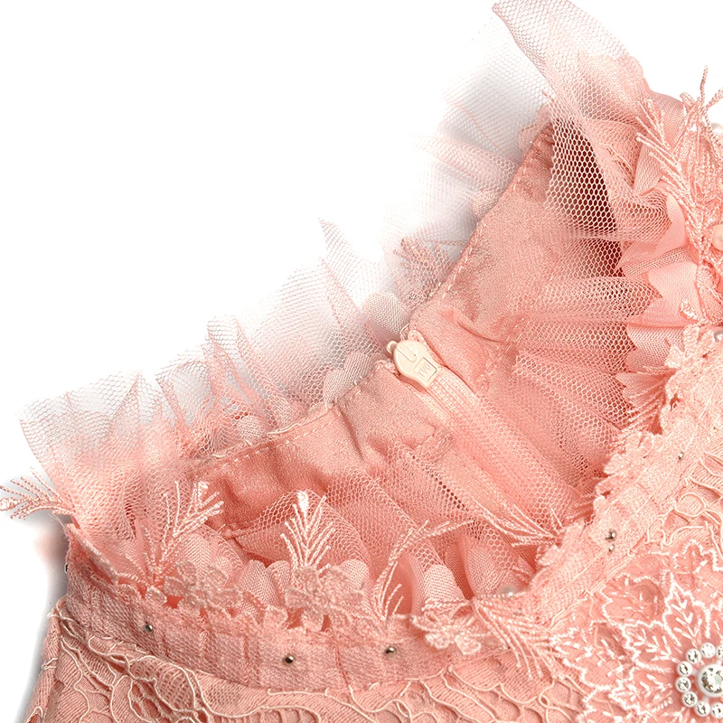 

Elegant Pink Lace Long Sleeve High Quality Dress Women Beading Ruffle Runway Design A-Line Spring Autumn Ladies Fashion Dresses