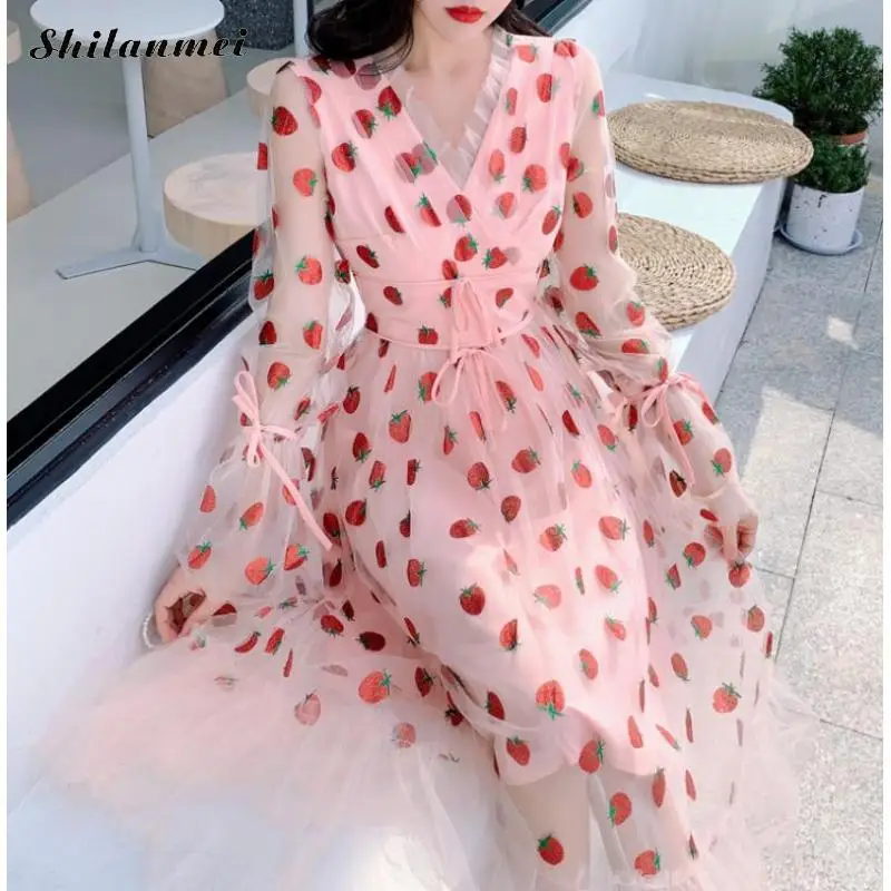 

Summer Autumn Sexy V Neck Puff Sleeve Vestidos Bow Lace Up Party Dresses 2020 Strawberry Dress Women Long Sleeve Mesh Dress