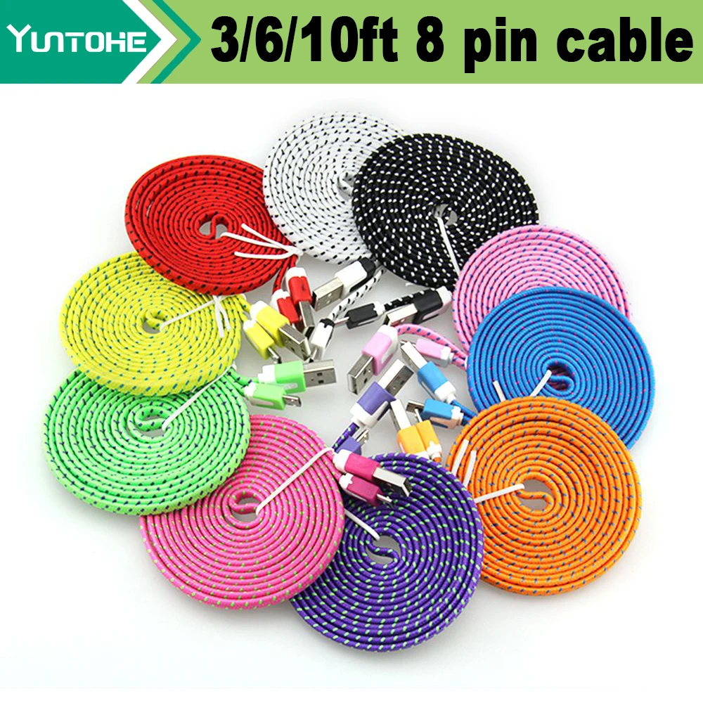 Оптовая продажа 1 м 2 3 плоский плетеный нейлоновый USB кабель 8 PIN для зарядки и