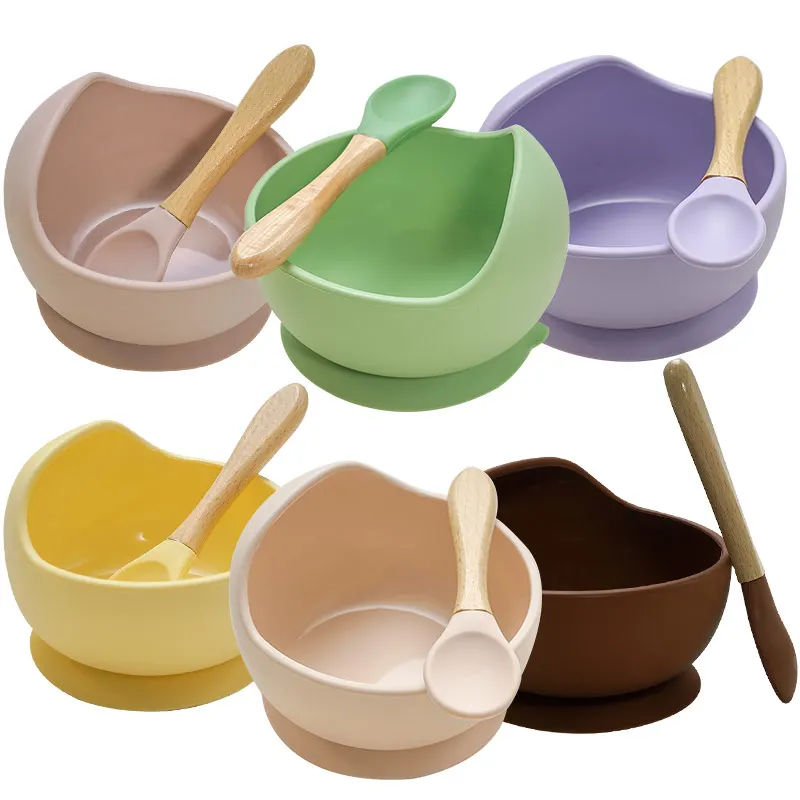 

100% Food Grade Silicone Baby Feeding Bowl Fanshionable Tableware Spoon Gadget For Dinner Set Plates Healthy Baby Stuff
