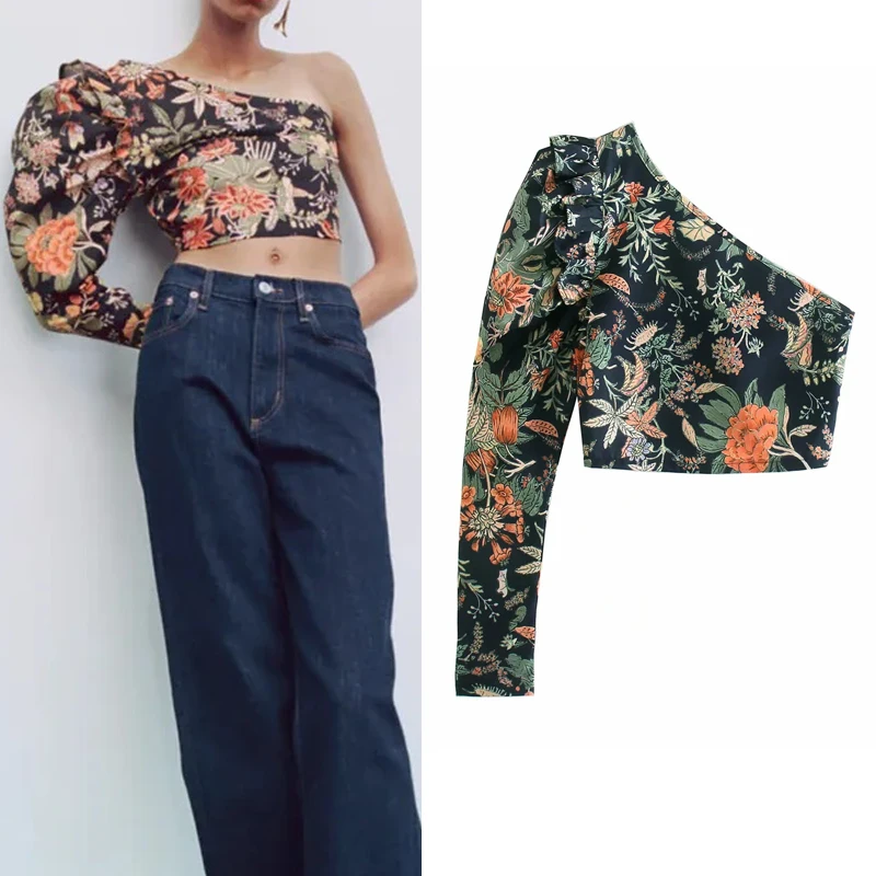 

Za Floral One Shoulder Top Women Asymmetrical Black Crop Top Woman Ruffle Long Puff Sleeve Blouse Female Vintage Blouse