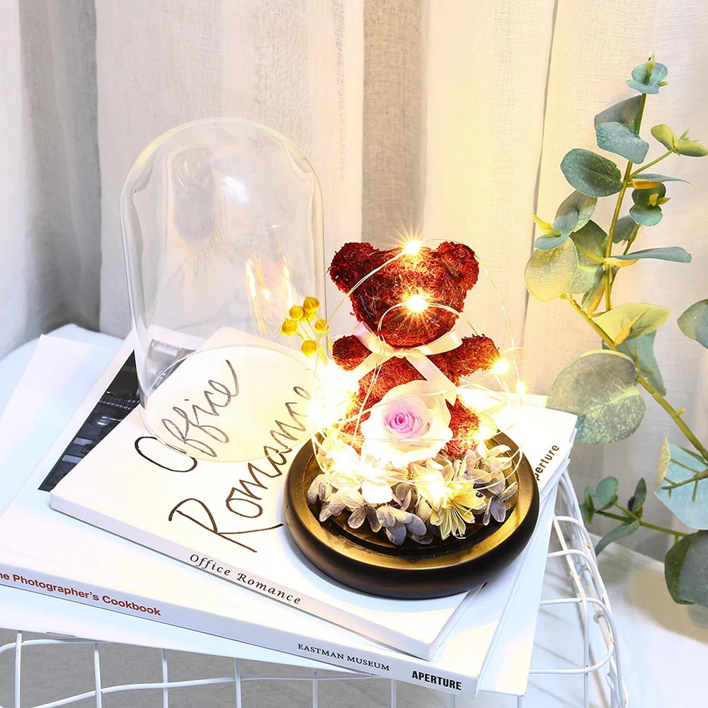

Mother Day Present The Beauty and Beast Rose Valentines Day Gift Teddy Bear Eternal Rose With Night Light in Glass Dome D30