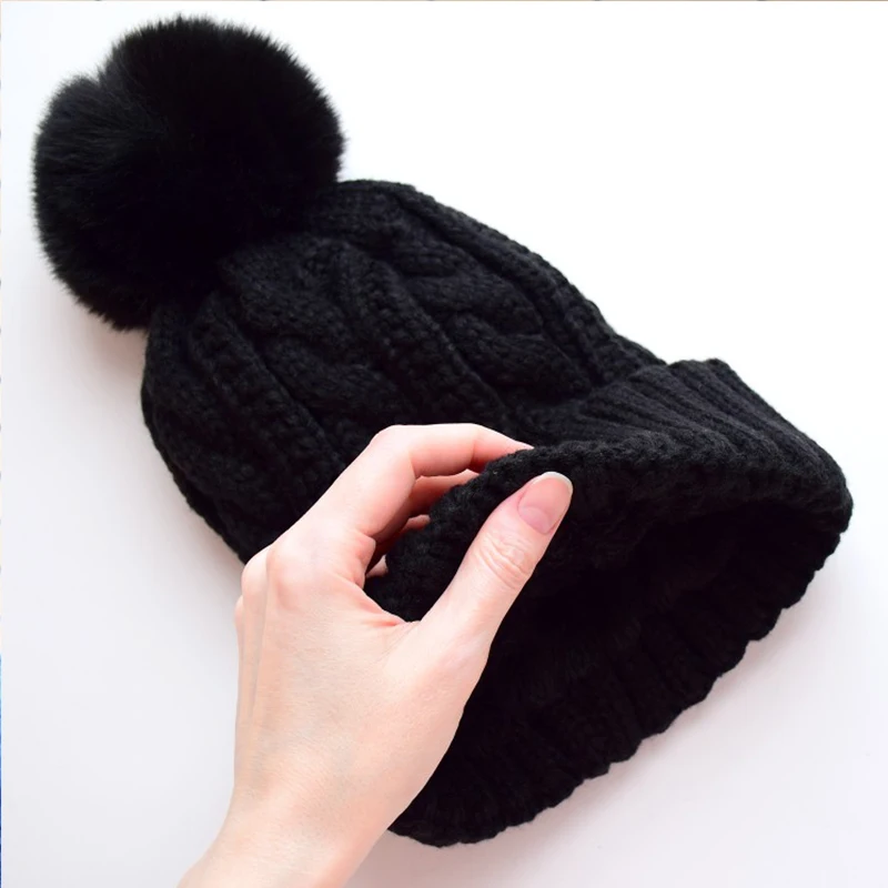 Розовый мех помпоном шерстяная зимняя женская шапка для девочек вязаные круглые