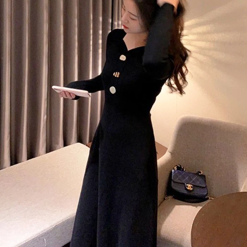 

French Vintage Dress Women Solid Long Sleeve Elegant Slim Midi Office Knitted Dress Female One Piece Dress Korean Autumn 2020