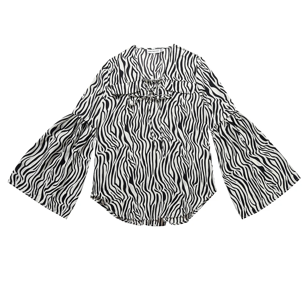 

2020 autumn Spring Women Fashion Striped Long Wide Sleeve Lace Up Shirt Casual Loose Fit Top Blouse