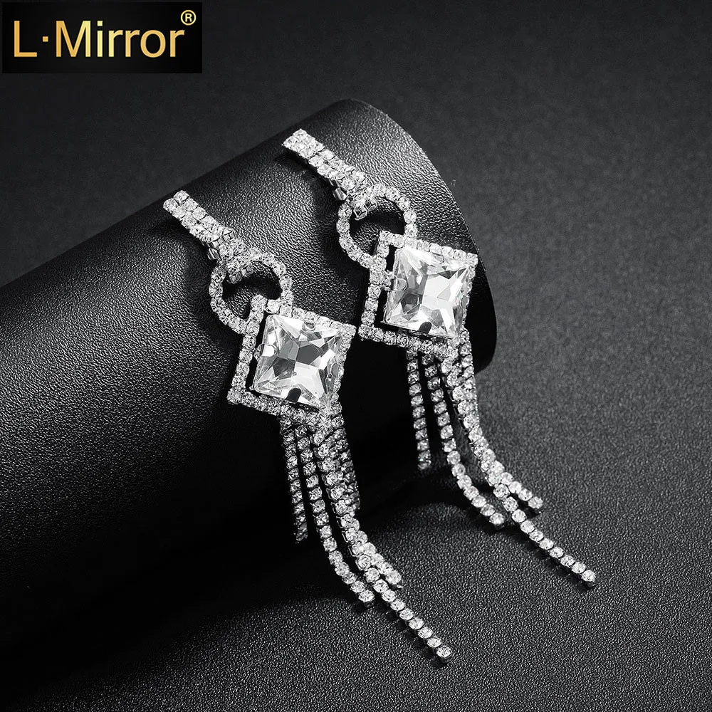 

L.Mirror 1Pair Women Tassel Drop Pierced Earrings Dangles Rhinestone Crystal for Wedding Prom Party women
