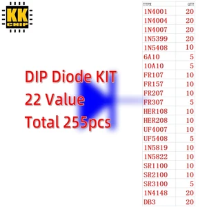 Набор диодов DIP KKCHIP 255 шт./лот, 22 значения 1n4148 4007 5408 FR107 1N5819 DB3 UF4007 6A10A10 FR207 FR307, в ассортименте, новый оригинальный