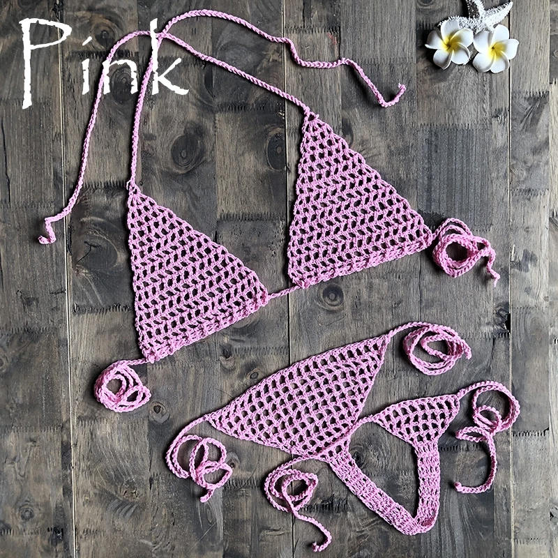 Pink Новинка, ручная работа, вязанное крючком микро бикини, стринги, пляжные микро купальники, сексуальное нижнее белье, наборы, горячая распродажа - Цвет: Pink