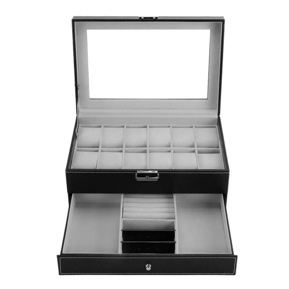 

PU Leather/Wood Watch Jewelry Necklace Rings Box Storage Display Container Holder Tray Zippere Travel Watch Collector Case
