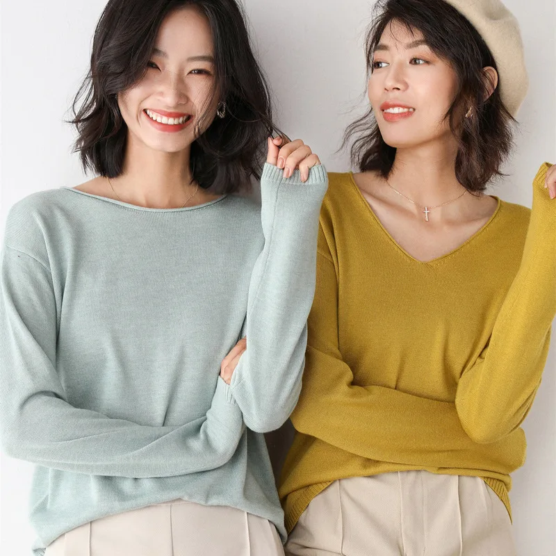 

FNOCE 2020 new women's sweater Acrylic Cotton fashion casual young all-match solid o-neck long sleeve loose large size sweaters