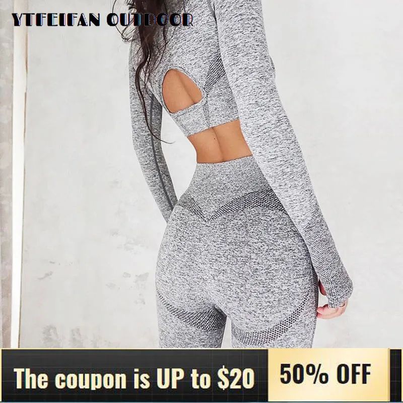 

2020 Suit for Fitness Sports Wear for Women Gym 2 Piece Set Long Sleeve Sports Top for Running and Seamless Leggings Quick Dry